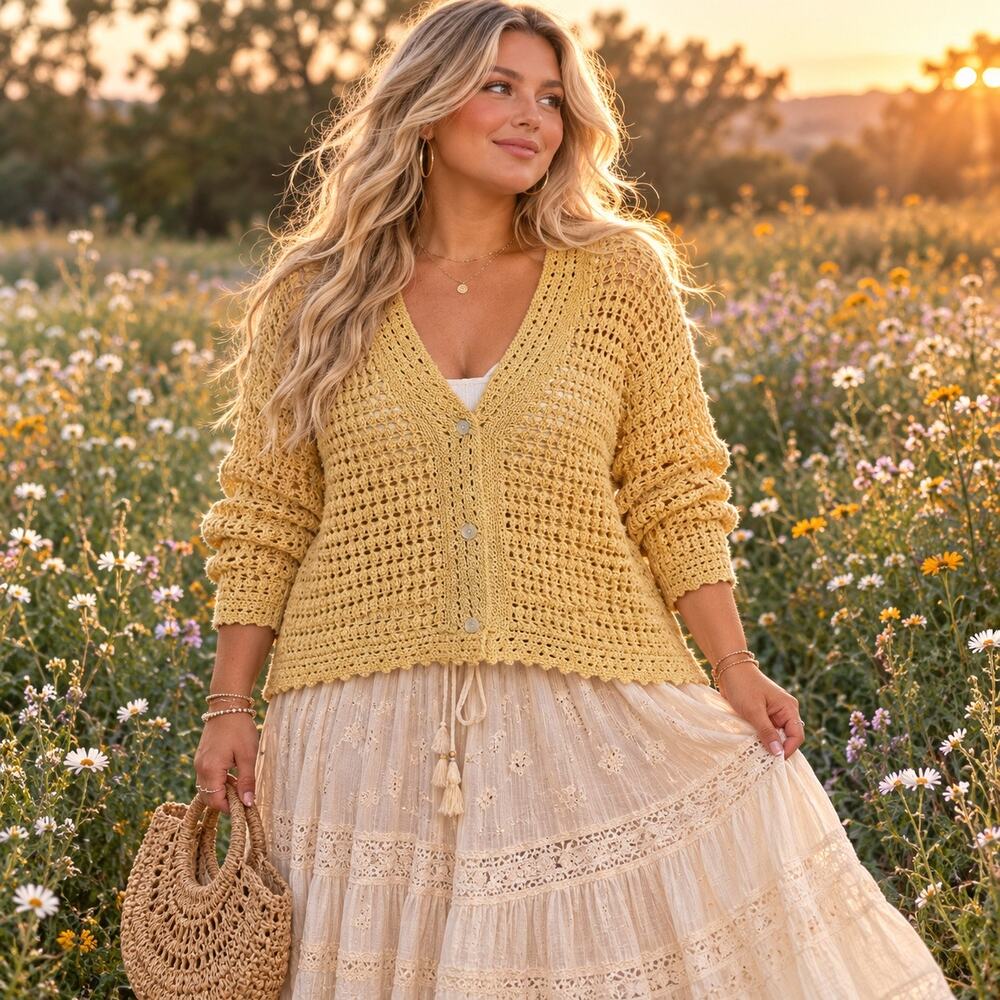 Vince Open Crochet Knit Cardigan Sweater Women’s Size 1X Organic Cotton Preppy